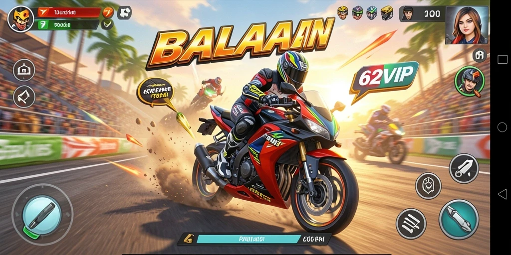 Gameplay mendebarkan dalam 62VIP dengan balapan motor yang seru.