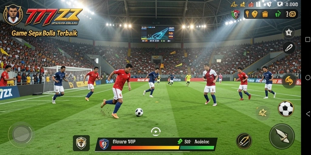 Screenshot utama menampilkan aksi pertandingan sepak bola yang seru.