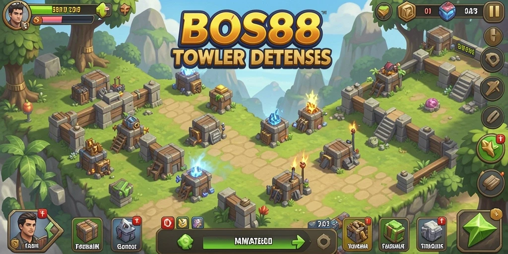 Screenshot gameplay BOS88 menunjukkan aksi Tower Defense yang mendebarkan.