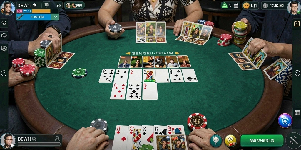 Tampilan gameplay Poker yang mendebarkan dan interaktif di DEWI11.