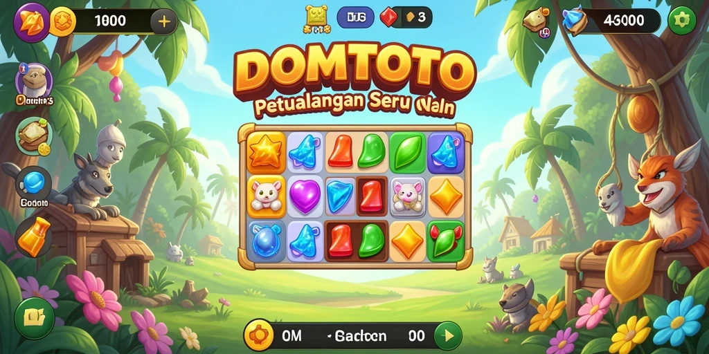 Screenshot gameplay DOMTOTO menampilkan aksi match-3 yang seru dan penuh warna.