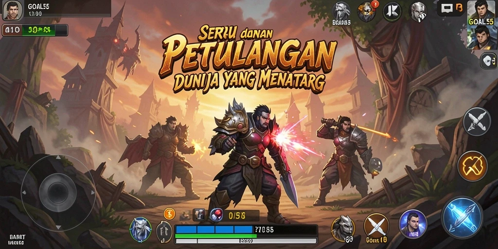Tampilan gameplay GOAL55 dengan karakter yang menjelajah dunia petualangan.
