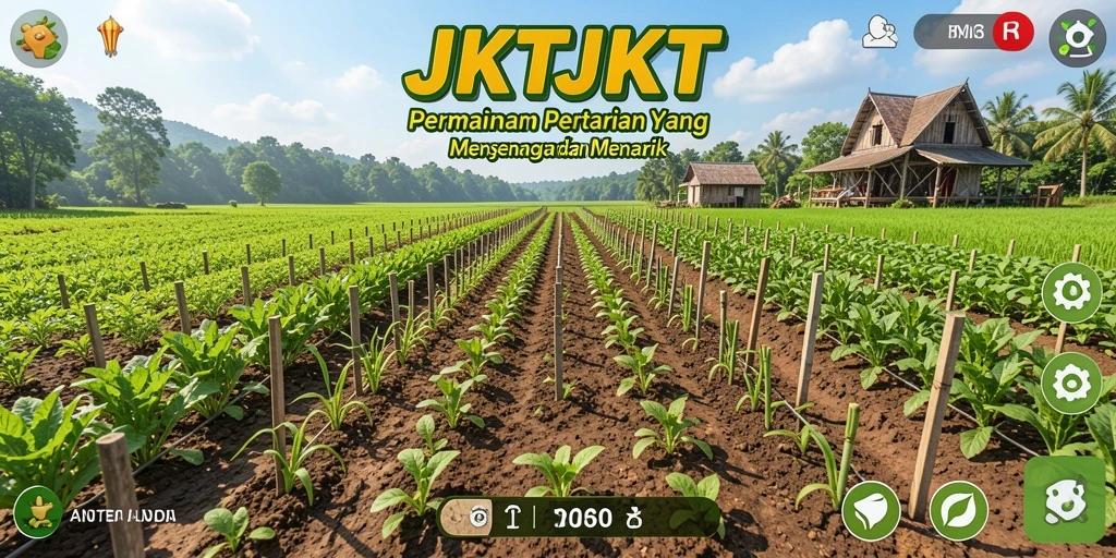 Tangkapan layar dari gameplay <strong>JKTJKT</strong> yang menunjukkan kebun yang rimbun dan hewan ternak.