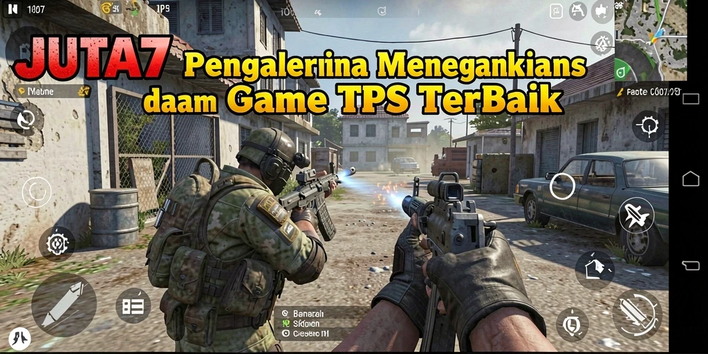 Screenshot utama JUTA7 menampilkan aksi seru gameplay TPS di arena pertempuran.