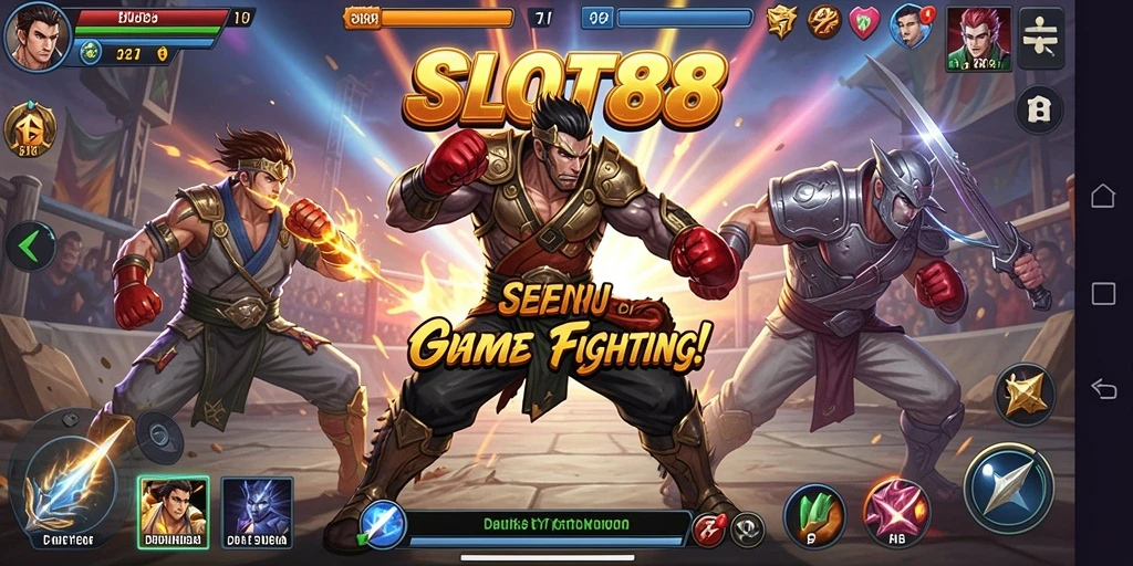 Screenshot SLOT88 menampilkan pertarungan mendebarkan dengan karakter yang dinamis.
