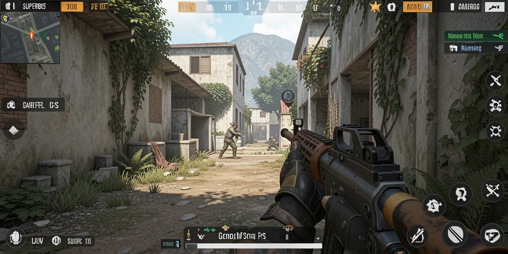Screenshot SUPER805 menampilkan aksi intens dalam pertempuran FPS.