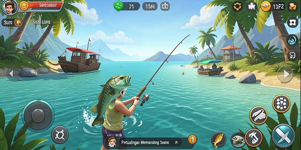 Screenshot gameplay SVIP2 menampilkan pemain menangkap ikan di perairan yang indah.