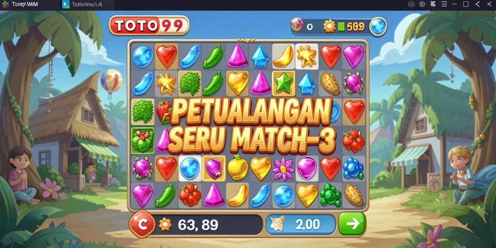 Screenshot utama TOTO99 menunjukkan gameplay Match-3 yang seru dan penuh warna.