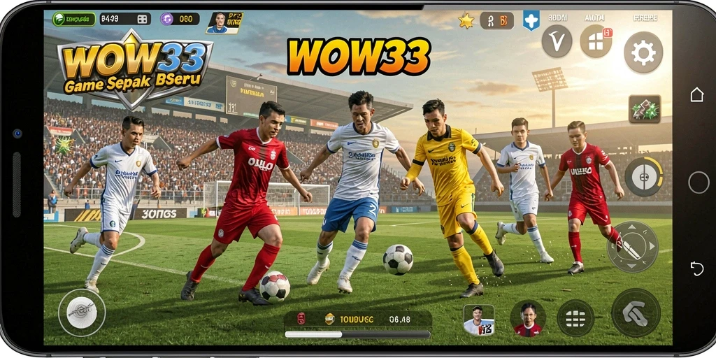 Screenshot gameplay WOW33 menampilkan aksi menegangkan di lapangan sepak bola.